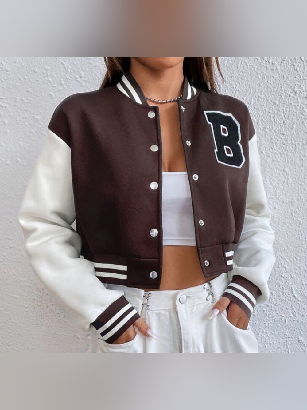 Love Tree Cropped Brown & White Varsity Jacket
